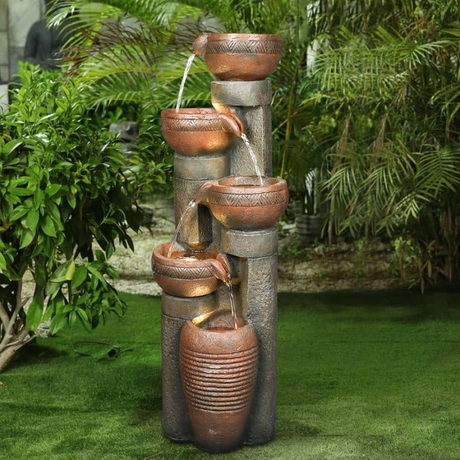 Garden Center * | Watnature 39.7 In. 5-Tier Resin Fiberglass Relaxing Outdoor Indoor Garden Water Fountain With Led Lights For House Art Decor