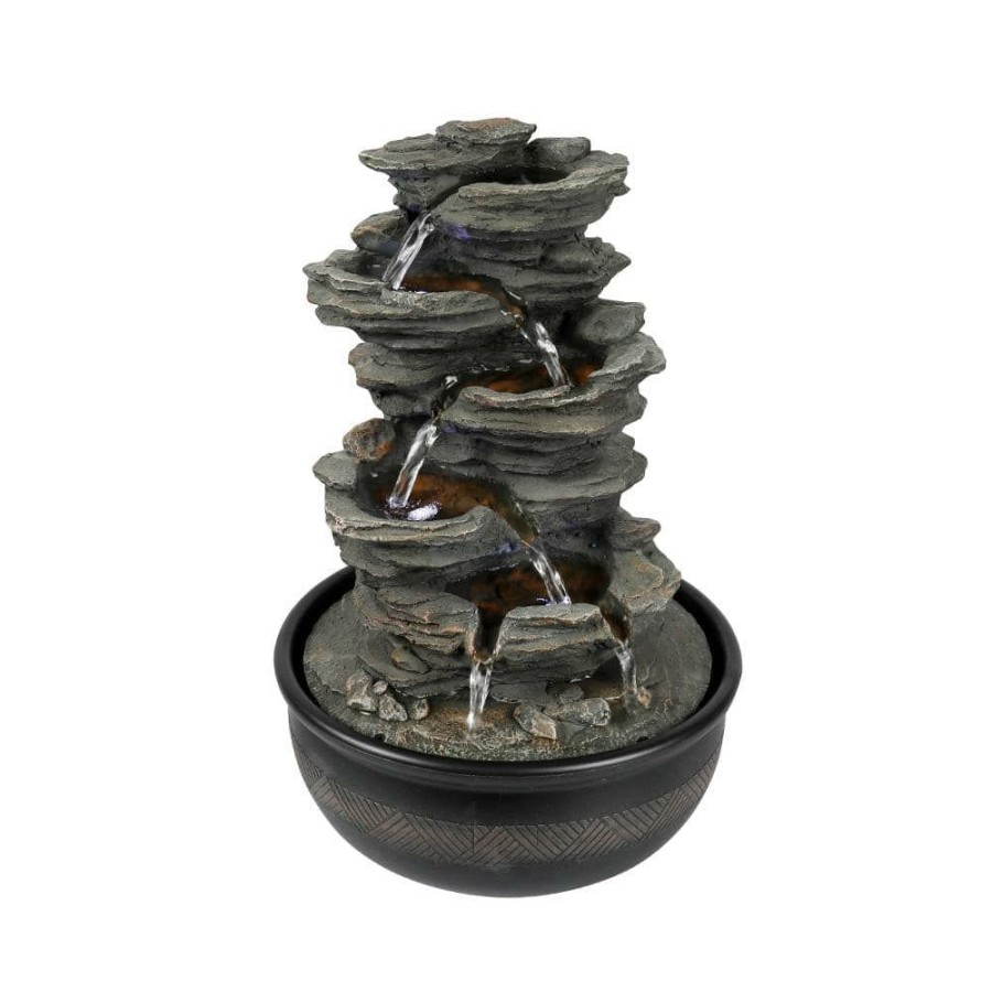 Garden Center * | Watnature Rockery Indoor Tabletop Fountain With Led Lights, 15.7In 6-Tier Resin Crafted Stacked Rock Water Feature For Home Decor