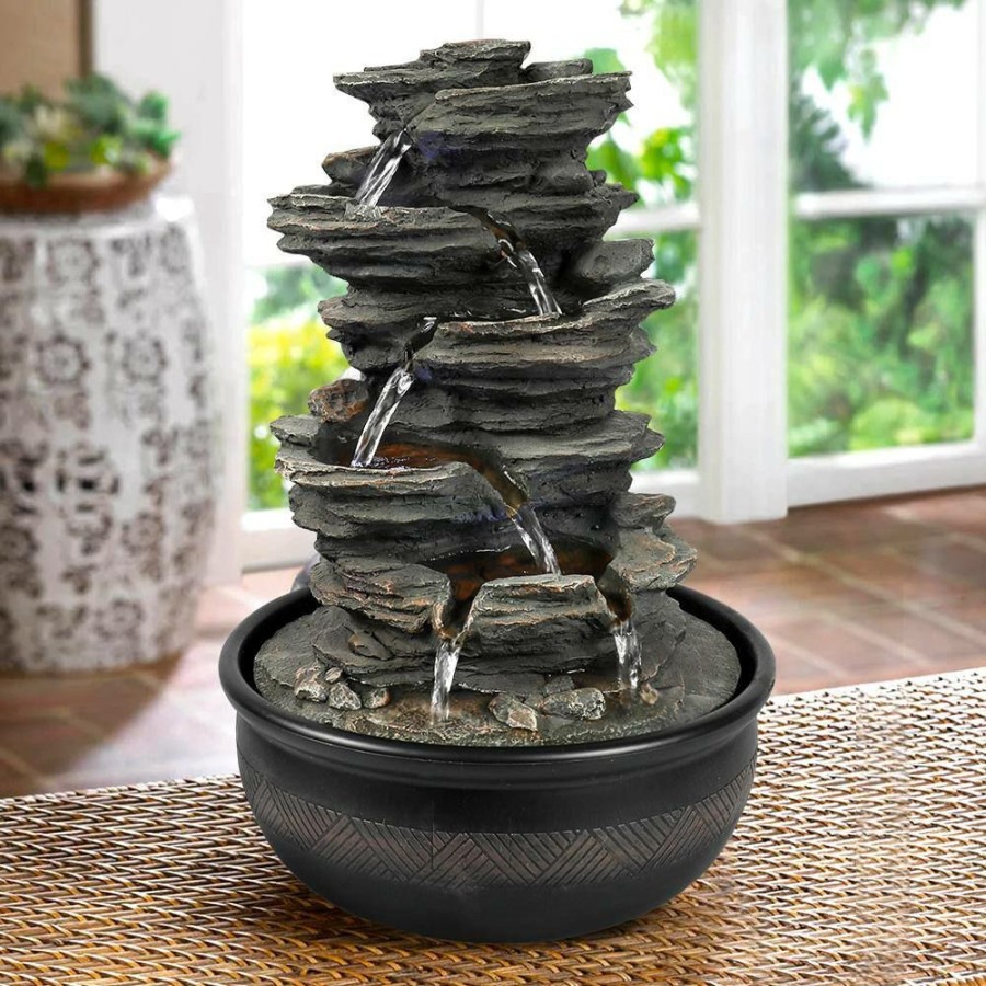 Garden Center * | Watnature Rockery Indoor Tabletop Fountain With Led Lights, 15.7In 6-Tier Resin Crafted Stacked Rock Water Feature For Home Decor