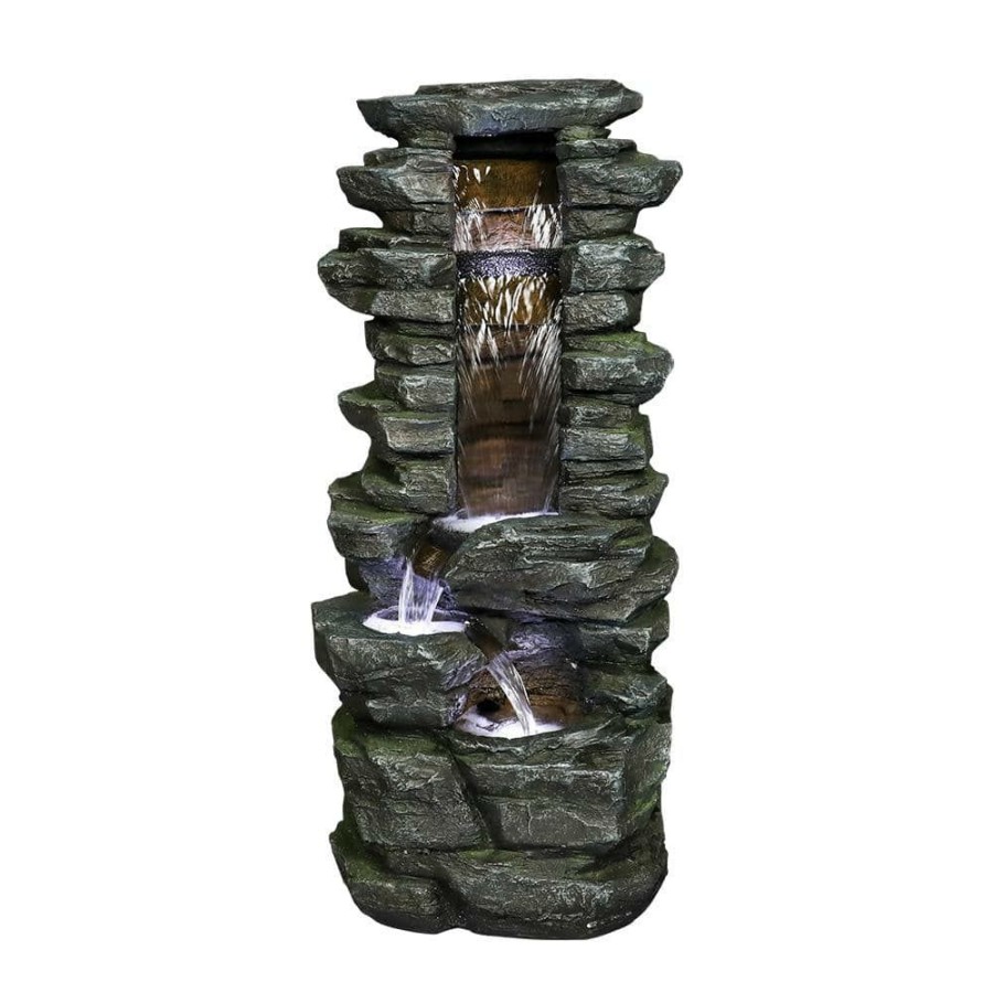 Garden Center * | Watnature 31.4 In. Resin Rockery Showering Outdoor Waterfall Fountain With Led Lights For Patio, Garden, House And Office