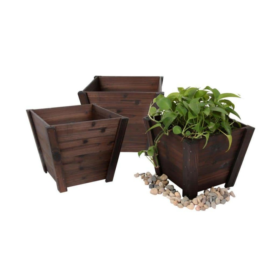 Garden Center * | Leisure Season Tapered 16 In. W X 16 In. D X 13 In. H Wooden Brown Planters (3-Pack)