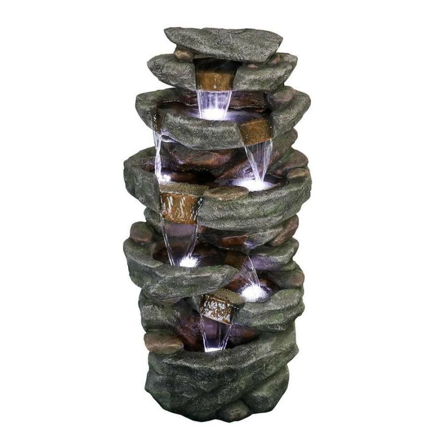 Garden Center * | Watnature 40.6 In. Resin Fiber Outdoor Relaxing Water Fountain, 6-Tier Stone-Liking Waterfall Fountain With Led Lights For Garden