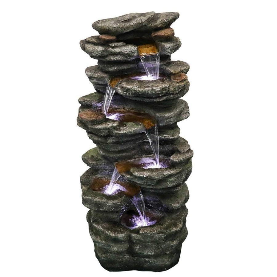 Garden Center * | Watnature 40 In. Resin Rockery Outdoor Relaxing Water Fountain, 6-Tier Led Outdoor Waterfall Fountain For Home, Office, Garden