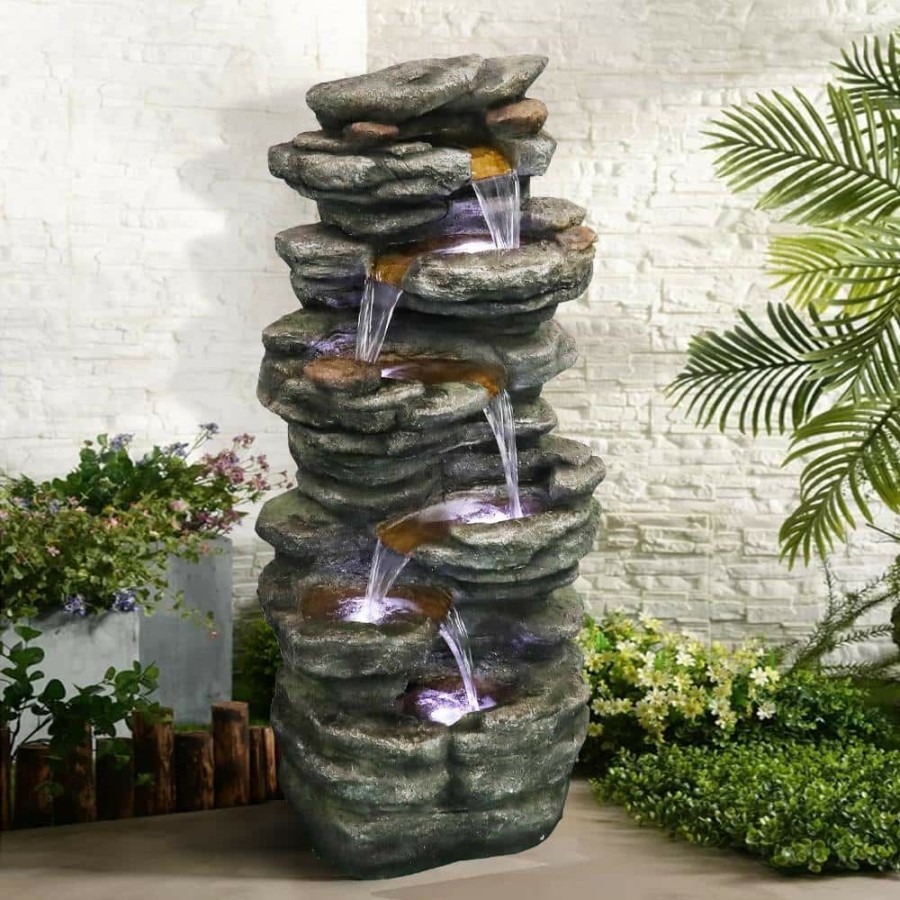 Garden Center * | Watnature 40 In. Resin Rockery Outdoor Relaxing Water Fountain, 6-Tier Led Outdoor Waterfall Fountain For Home, Office, Garden