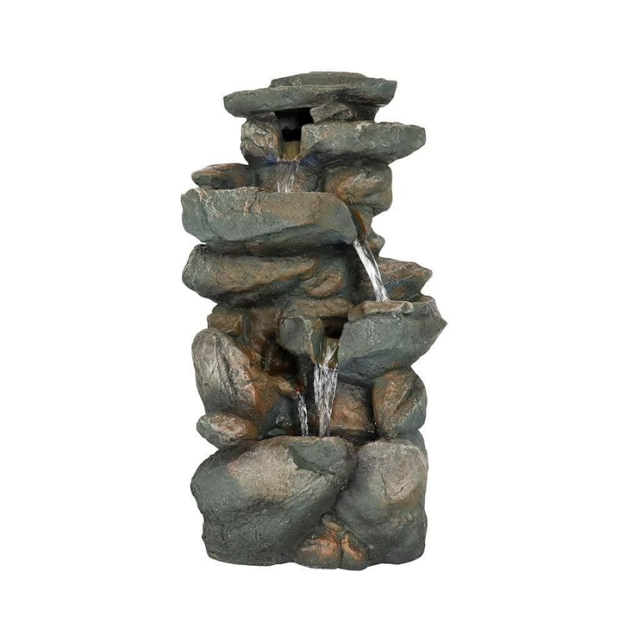 Garden Center * | Watnature Rockery Tabletop Fountain, 16 H"Resin Crafted Stacked Rockery Waterfall Fountain With Led Lights&Cascading Water Stream