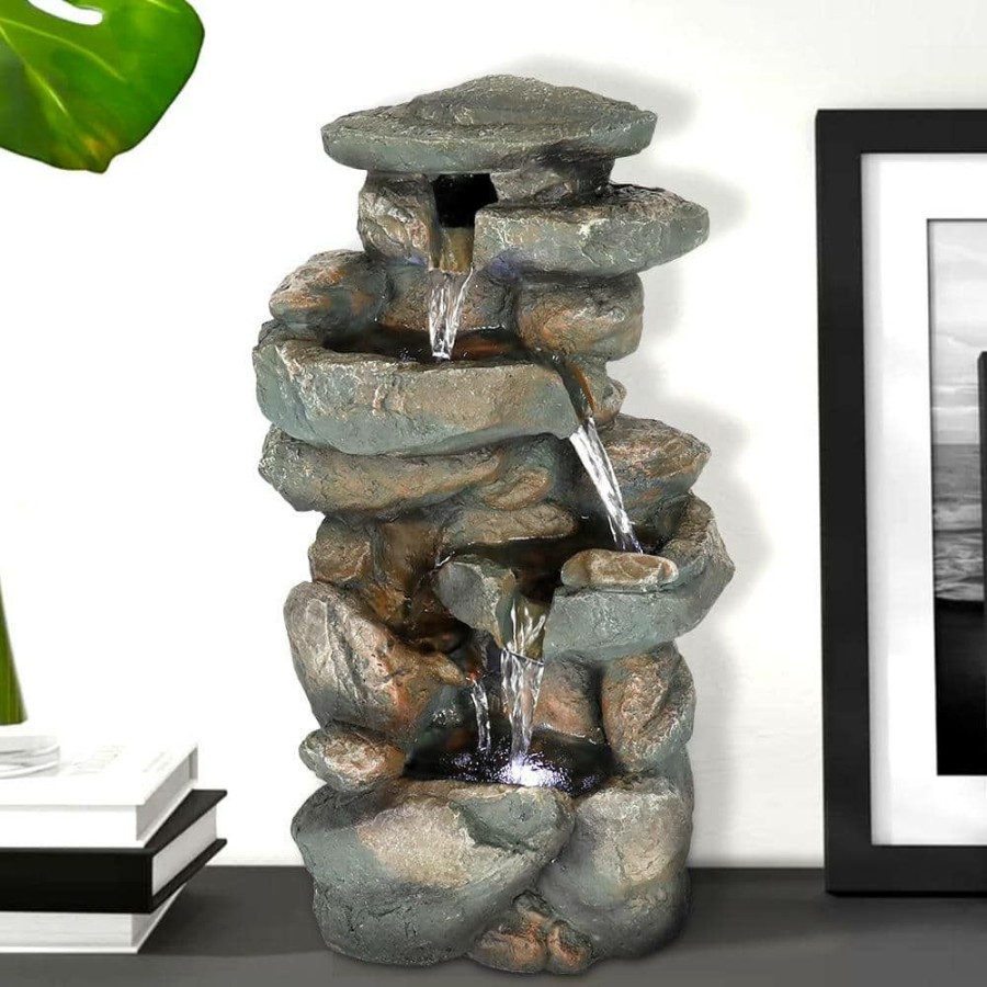 Garden Center * | Watnature Rockery Tabletop Fountain, 16 H"Resin Crafted Stacked Rockery Waterfall Fountain With Led Lights&Cascading Water Stream