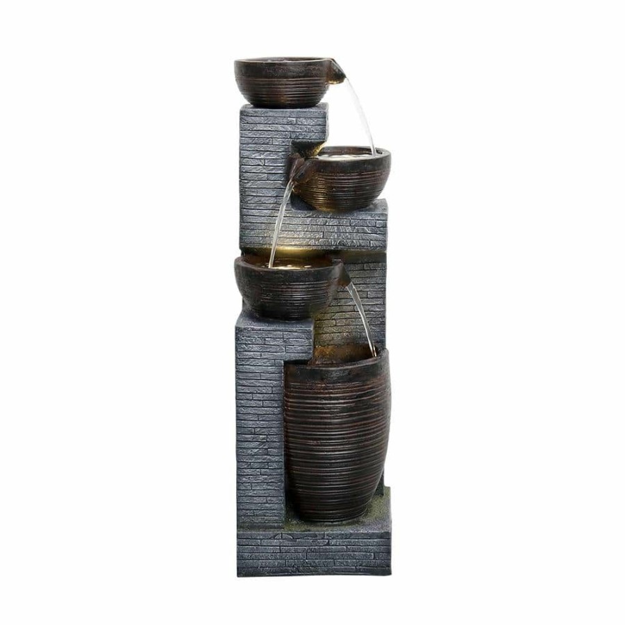 Garden Center * | Watnature 40.1 In. Resin Rustic Garden Fountain With Led Lights, 4-Tiered Urns Indoor Outdoor Freestanding Waterfall Fountains