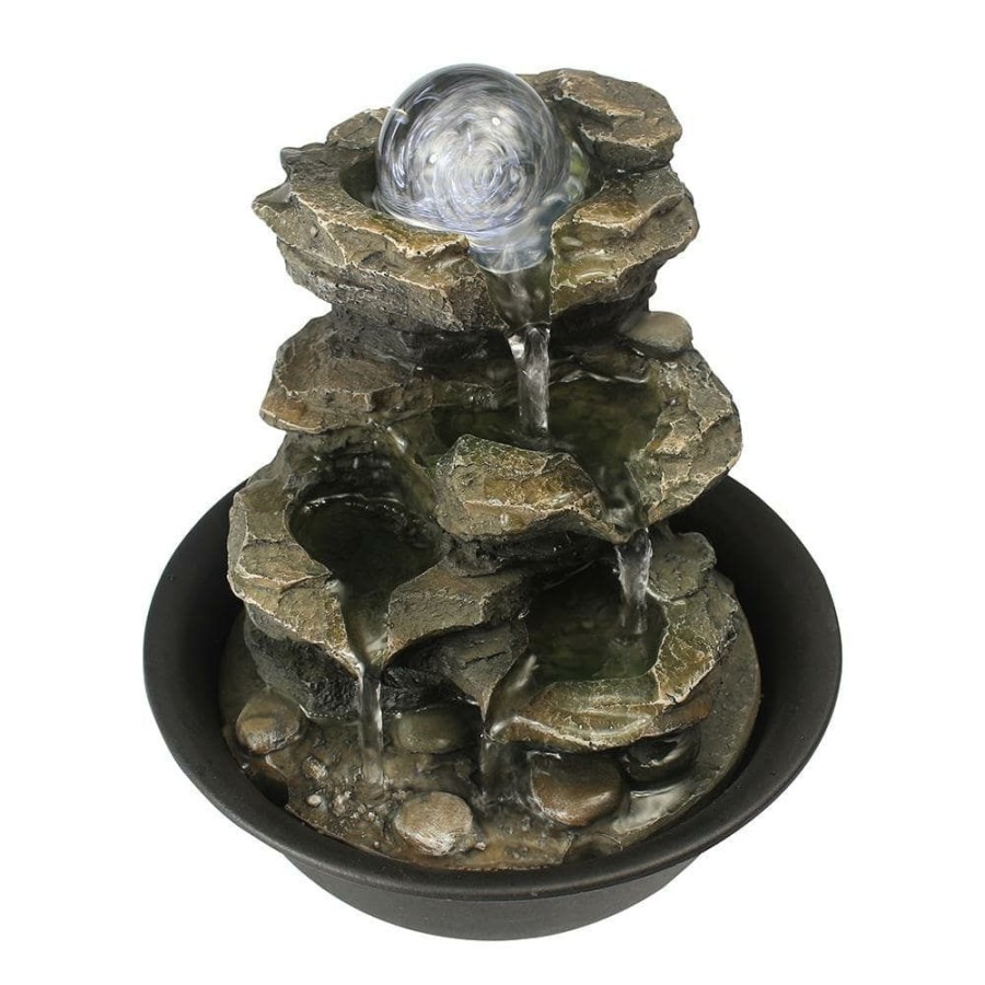 Garden Center * | Watnature 8.3 In. Resin Cascading Tabletop Fountain With Spinning Orb And Led Lights, 4-Tier Meditation Indoor Fountain Home Decor