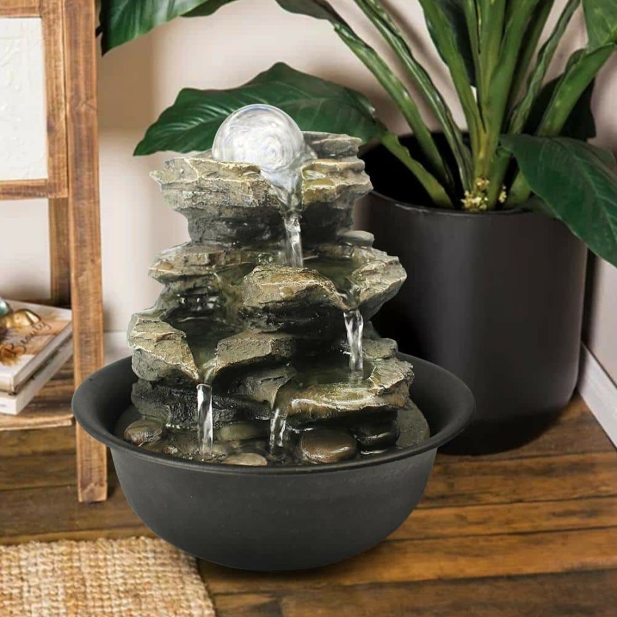 Garden Center * | Watnature 8.3 In. Resin Cascading Tabletop Fountain With Spinning Orb And Led Lights, 4-Tier Meditation Indoor Fountain Home Decor