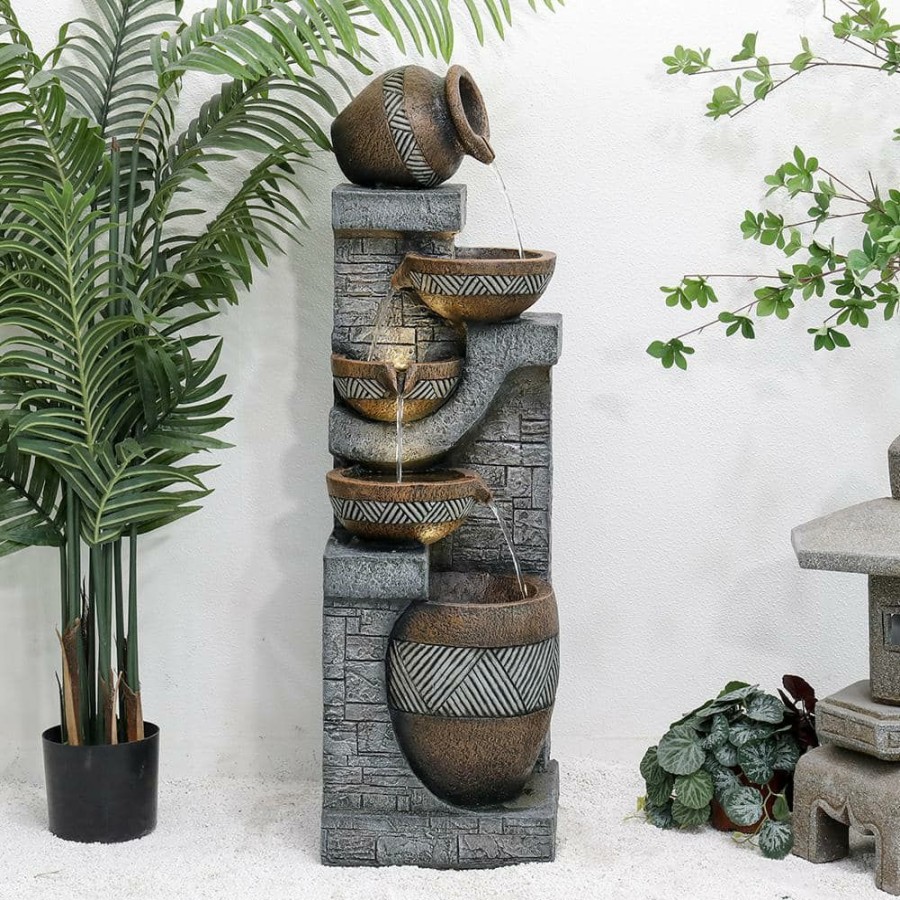 Garden Center * | Watnature 42.5 In. Resin Outdoor Fountain, 5 Urns Wall Textured Indoor Outdoor Freestanding Waterfall Fountains With Lights