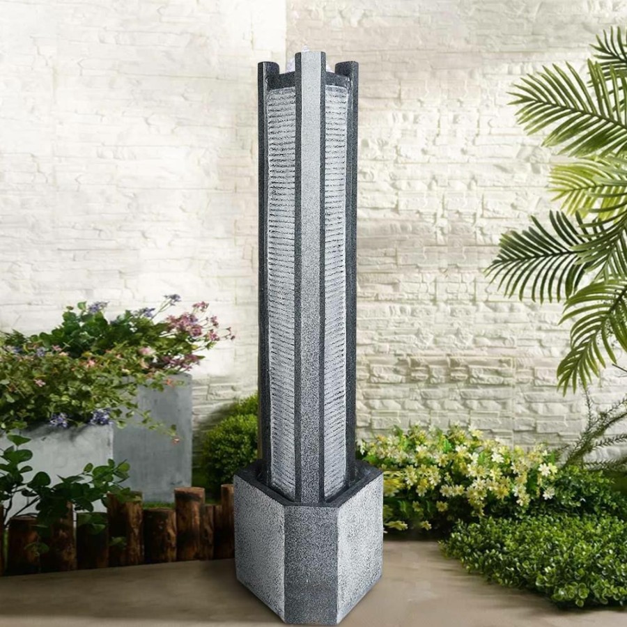 Garden Center * | Watnature 39.3 In. Resin Indoor Outdoor Fountain Geometric Ripple Cascading Tower Freestanding Water Fountain With Lights