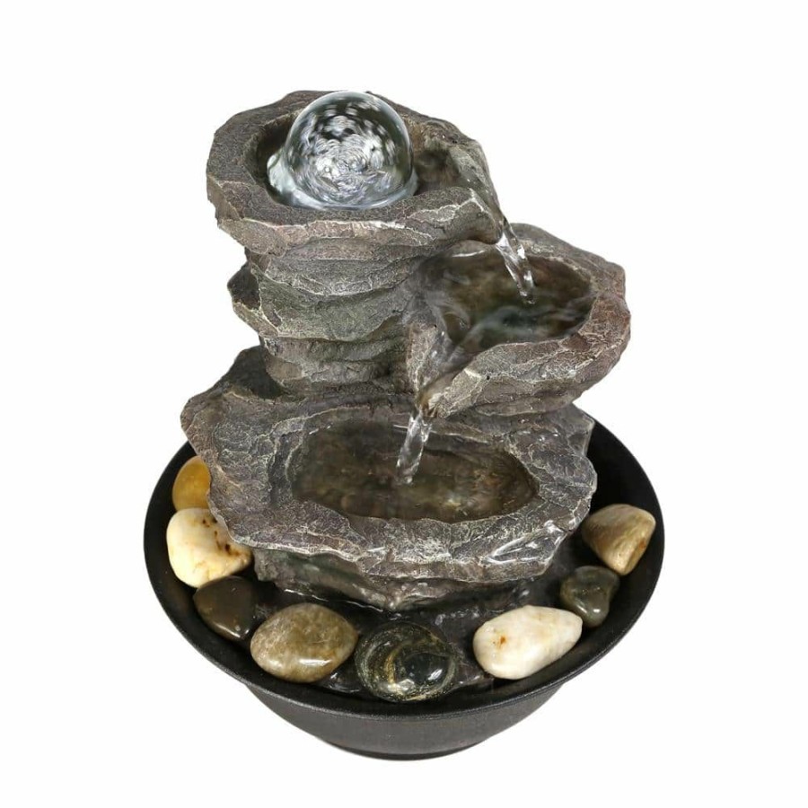 Garden Center * | Watnature 9.8 In. Resin-Rock Cascading Tabletop Water Fountain, 4-Tier Relaxation Waterfall Feature With Led Lights And Ball