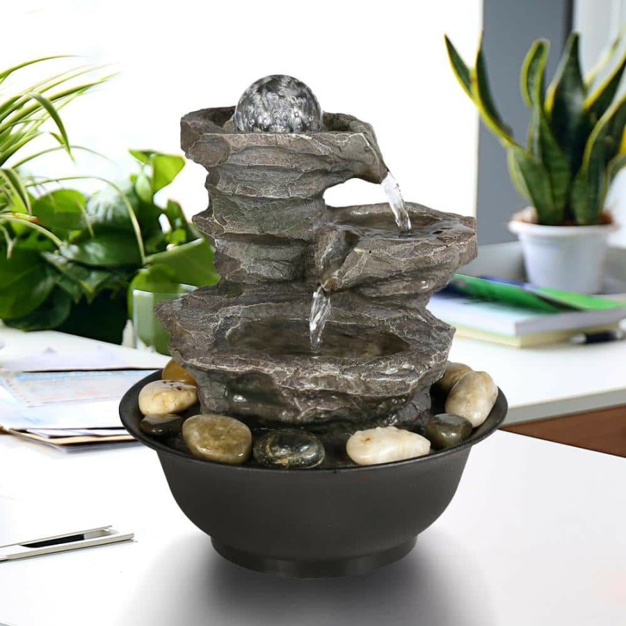 Garden Center * | Watnature 9.8 In. Resin-Rock Cascading Tabletop Water Fountain, 4-Tier Relaxation Waterfall Feature With Led Lights And Ball