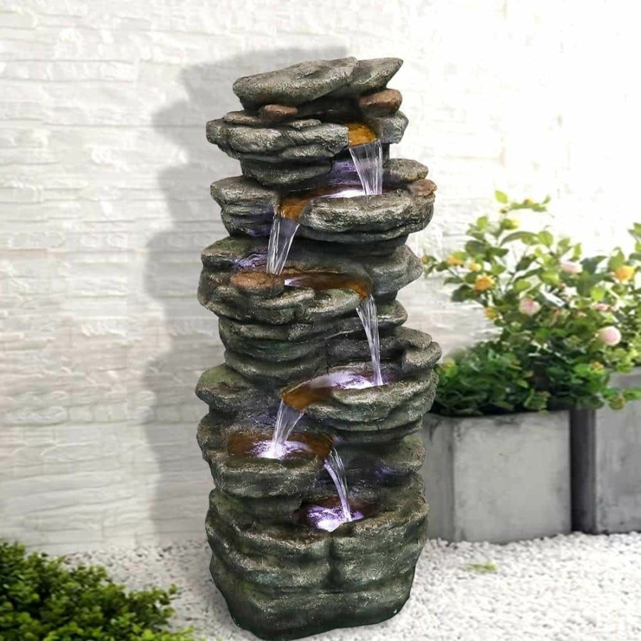 Garden Center * | Watnature 40 In. 6-Tier Resin Fiberglass Garden Water Fountain With Led Lights And Soothing Sound For Office, Garden