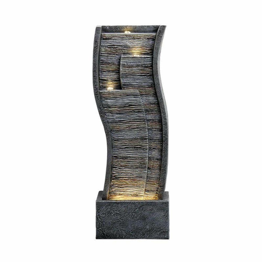 Garden Center * | Watnature 39.3 In. Resin Contemporary Curves Garden Fountain, Modern Lighted Indoor Outdoor Fountain With Led Lights