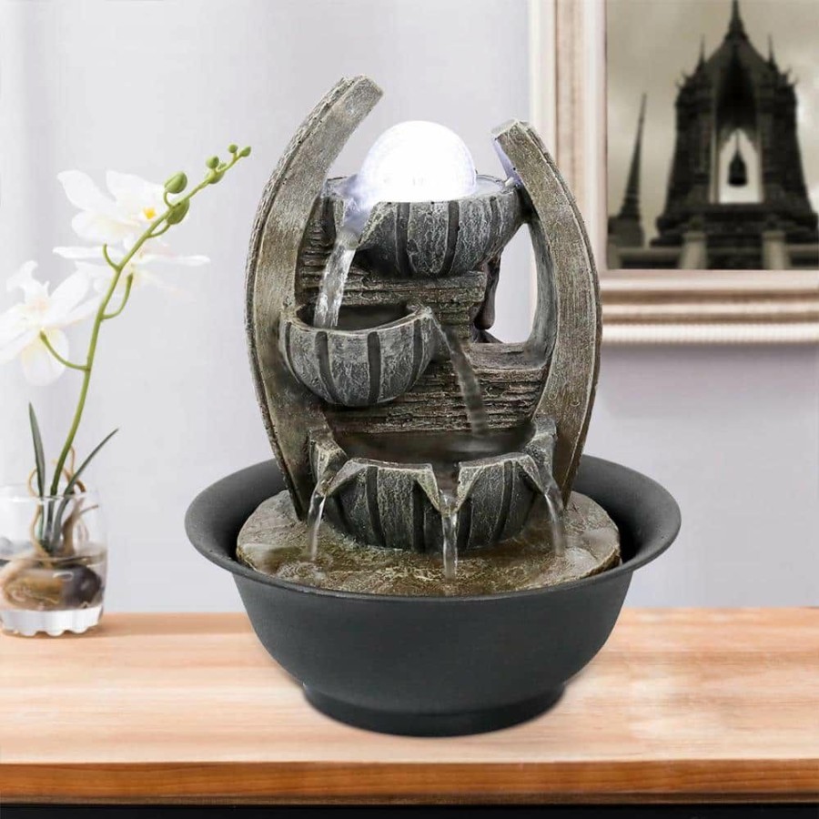 Garden Center * | Watnature 10.6 In. Resin Tabletop Fountain, 4-Step 5-Flow Water Feature Relaxing Fountain With Spining Orb And Led Lights