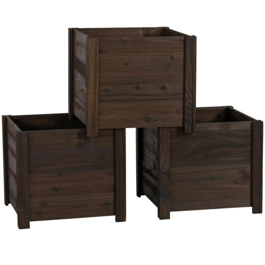 Garden Center * | Leisure Season 16 In. W X 16 In. D X 14 In. H Brown Wooden Large Square Planter (3-Pack)