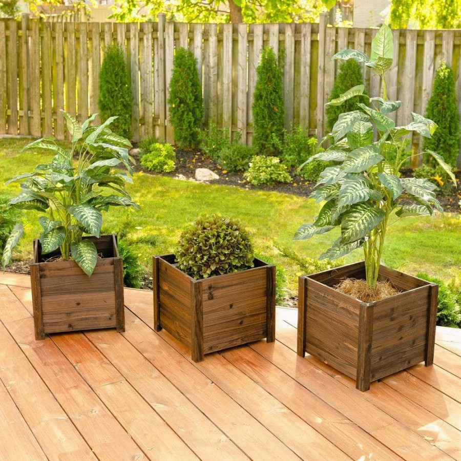 Garden Center * | Leisure Season 16 In. W X 16 In. D X 14 In. H Brown Wooden Large Square Planter (3-Pack)