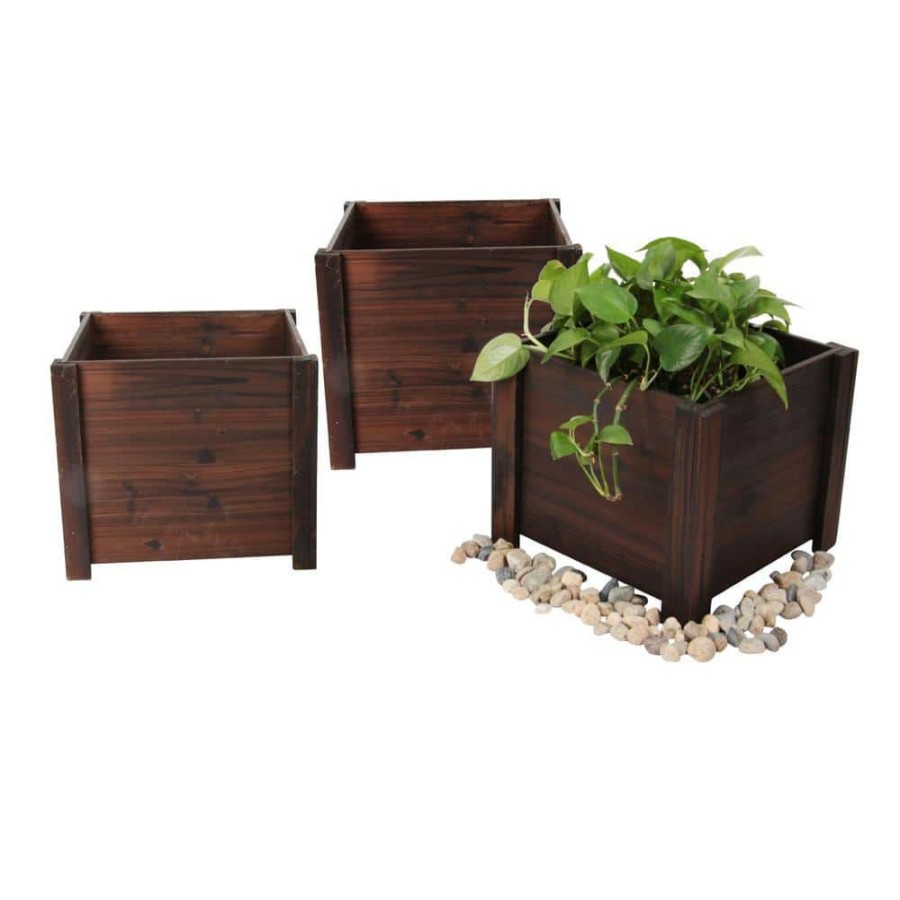 Garden Center * | Leisure Season Medium 12 In. W X 12 In. D X 10 In. H Square Wooden Brown Planter (3-Pack)