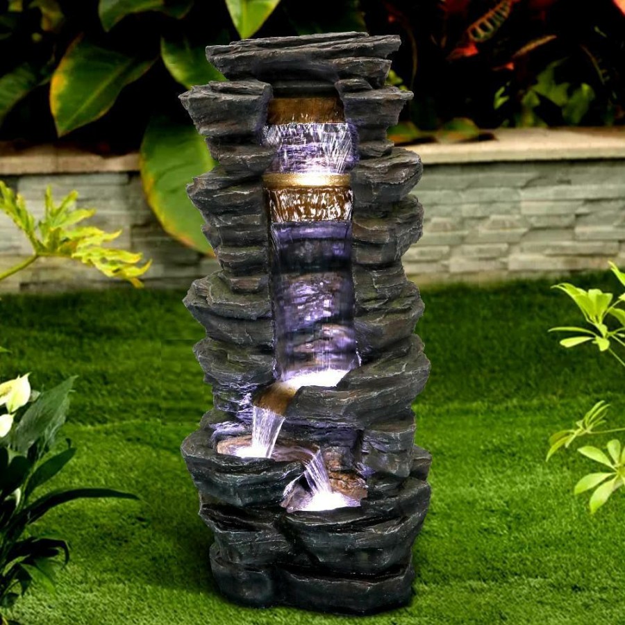 Garden Center * | Watnature 40 In. Showering Outdoor Fountain, Rockery Shower Outdoor Water Fountain With Led Lights For Garden, Home, Office Decor