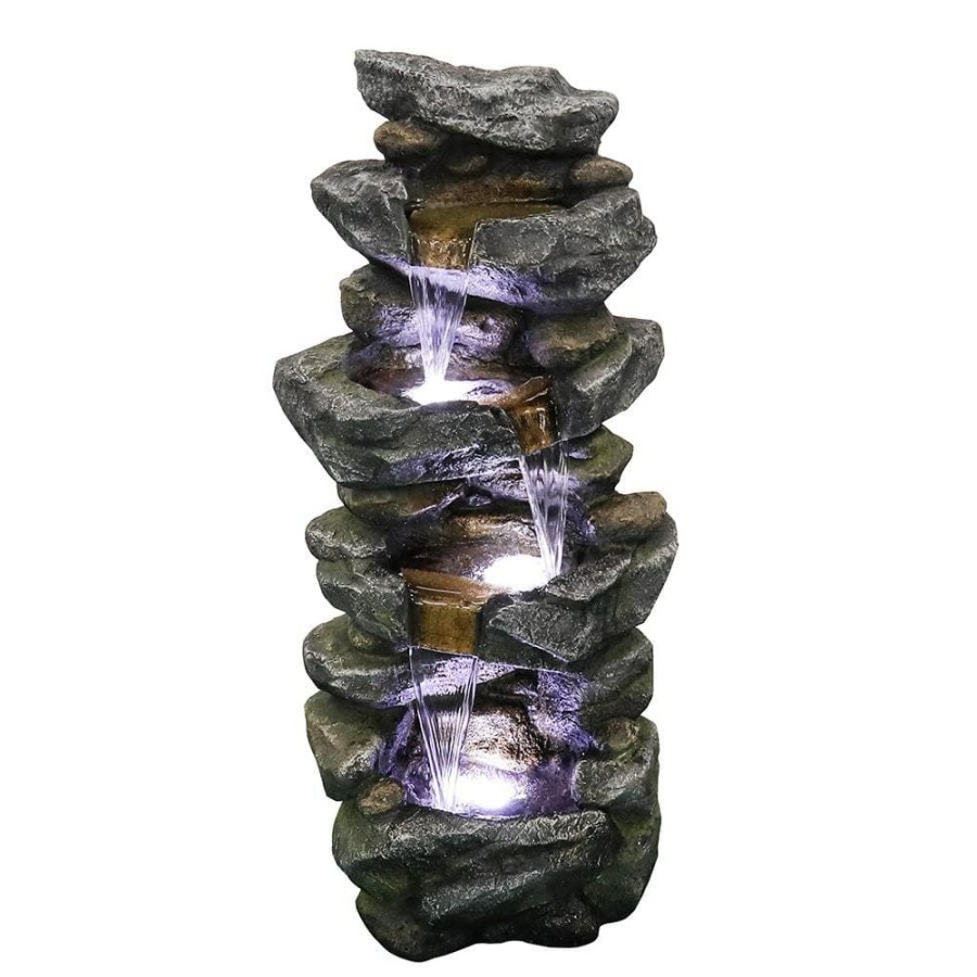 Garden Center * | Watnature 40 In. Outdoor Fountain, Soothing Tranquility Stacked Simulated Rock Water Fountain With Led Lights For Garden Yard Deck