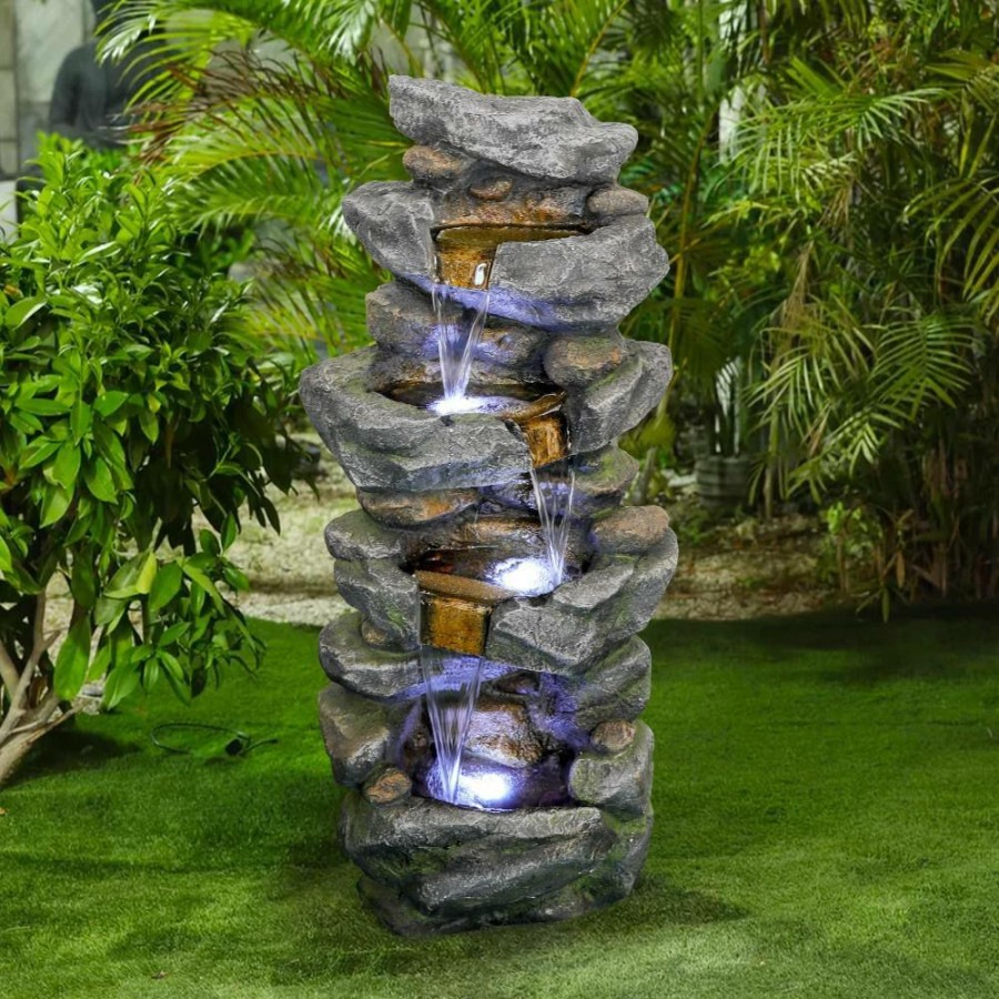 Garden Center * | Watnature 40 In. Outdoor Fountain, Soothing Tranquility Stacked Simulated Rock Water Fountain With Led Lights For Garden Yard Deck