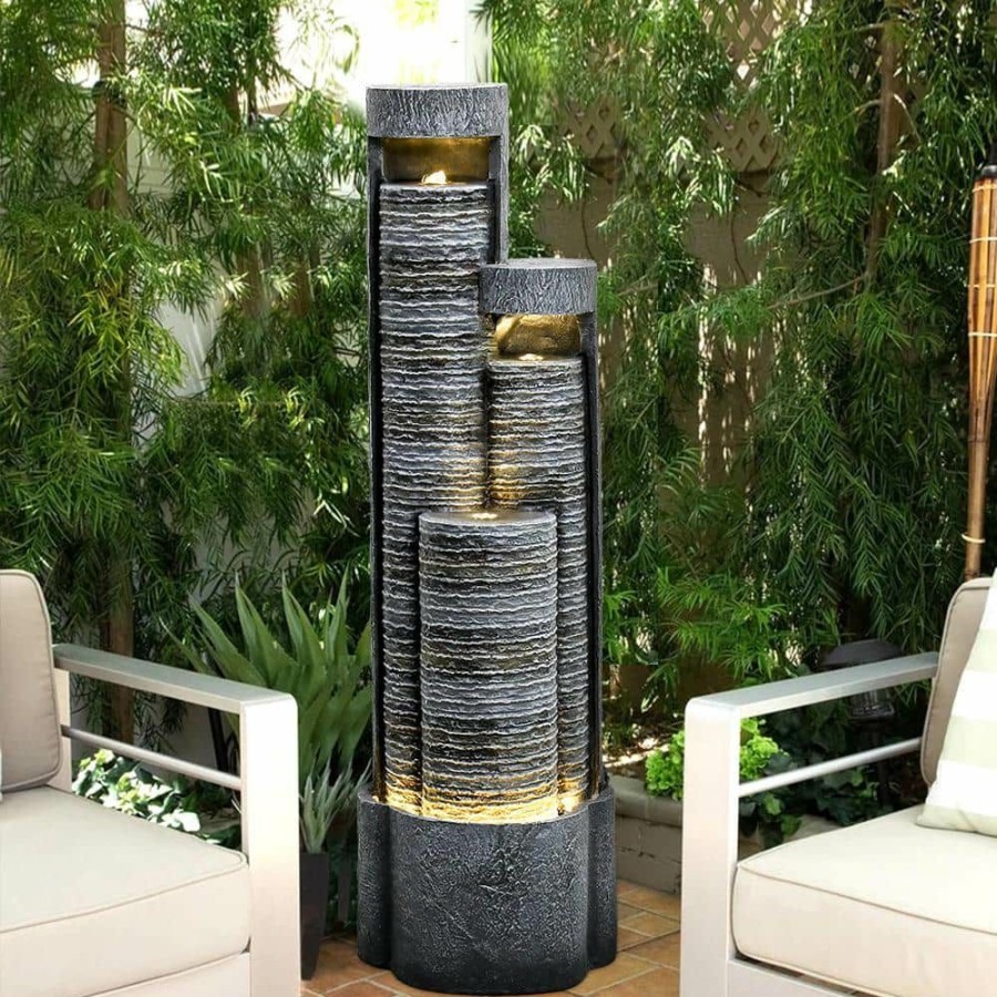 Garden Center * | Watnature 39.5 In. Resin Modern Indoor Outdoor Waterfall Fountain, 3-Columnar Ripple Freestanding Water Feature With Lights