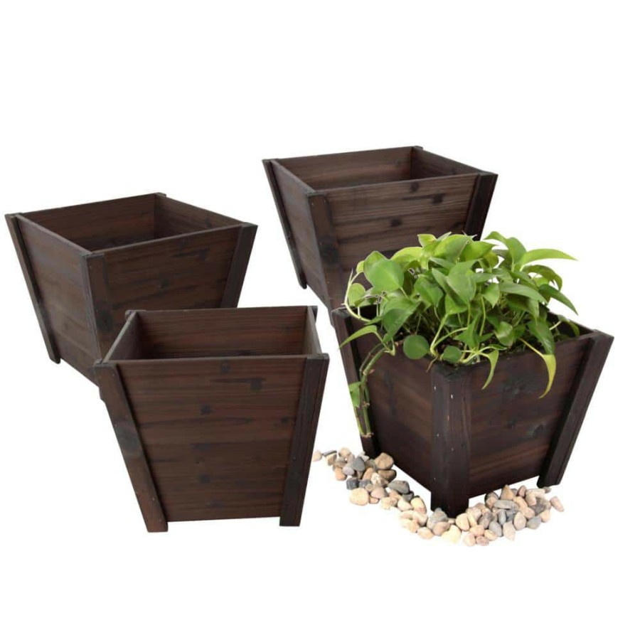 Garden Center * | Leisure Season Tapered 12 In. W X 12 In. D X 10 In. H Wooden Brown Planters (4-Pack)